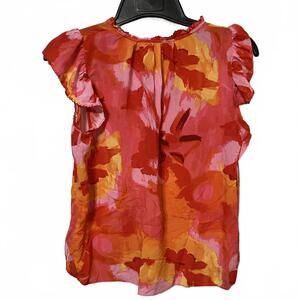 Rose + Olive Resort Vibrant Red Orange Floral Ruffle Sleeve Blouse Size Small